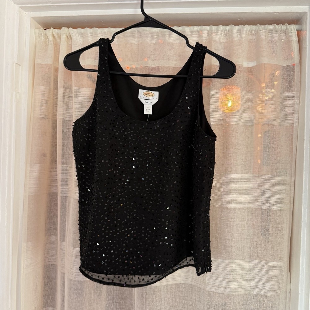 Talbots Sequin Silk Tank Top Size 8 Petite Black Evening Glitter‎ Side Zip Club